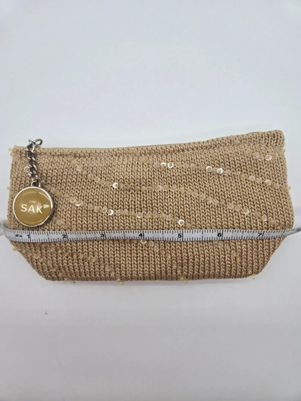 The Sak Tan Crochet Sequin Cosmetic Pouch Zip Makeup Bag Clutch